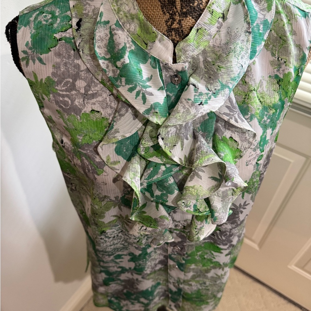 Tahari Green & Gray Ruffled Mandarin Collar sleeveless Blouse size Large - Picture 4 of 12
